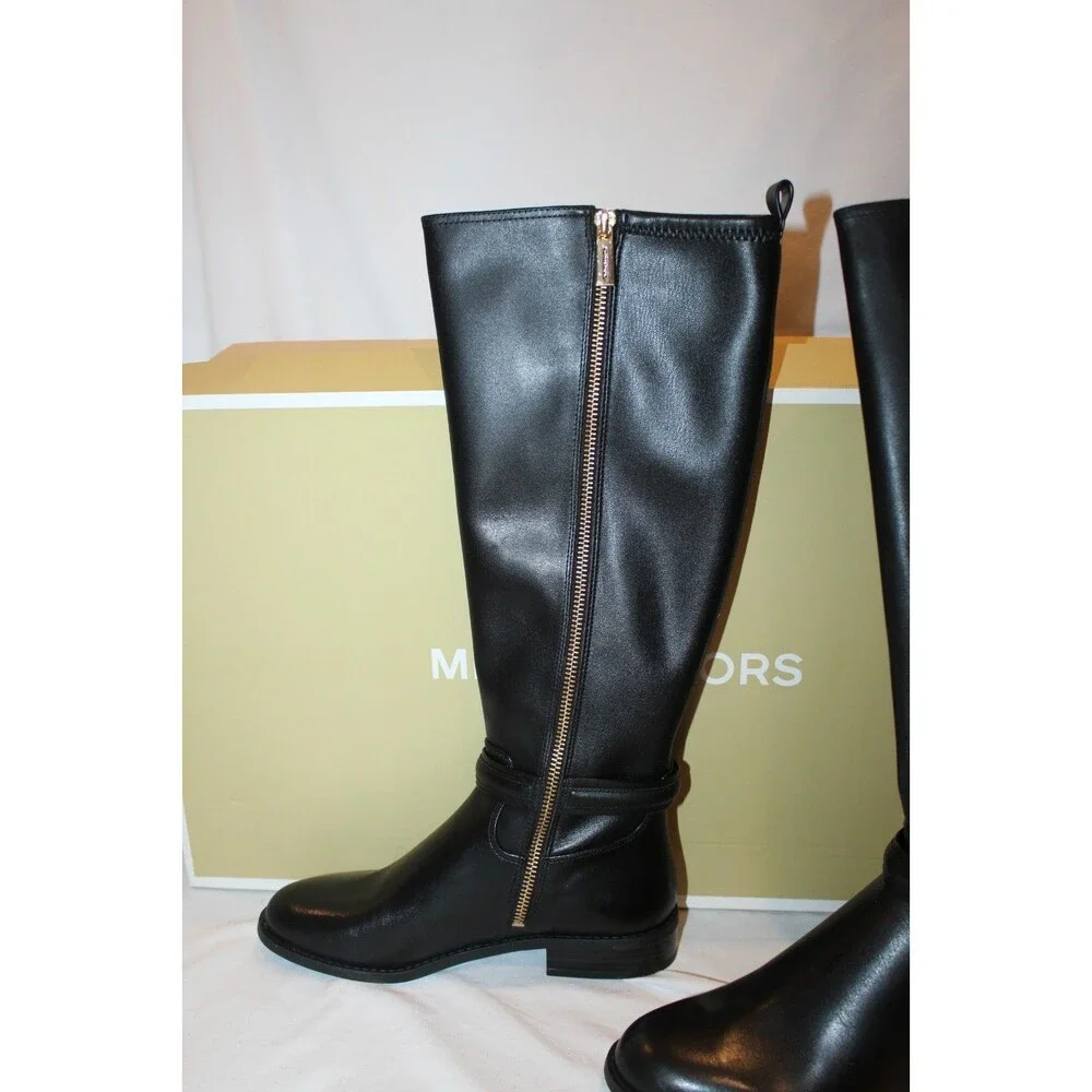 $375 Michael Kors Women's Mindy Flat Leather Tall Black Boots 5 W